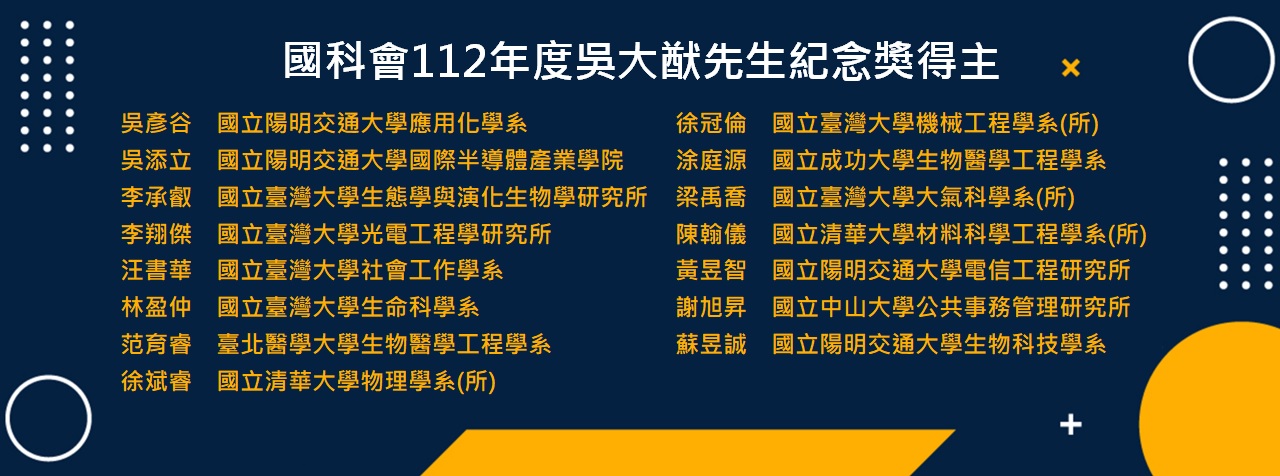 國科會112年度吳大猷先生紀念獎 本計畫共有15名學者獲獎